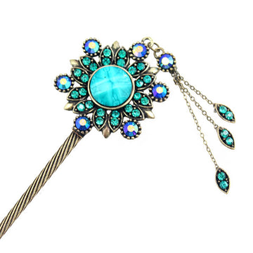 Rhinestone Antique Brass Hair Stick Circle with Tassels